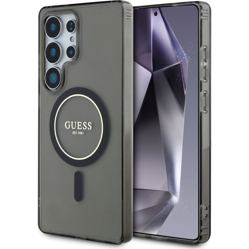 Etui Guess Glitter Circle Classic Logo do MagSafe do Samsung Galaxy S25 Ultra, czarne